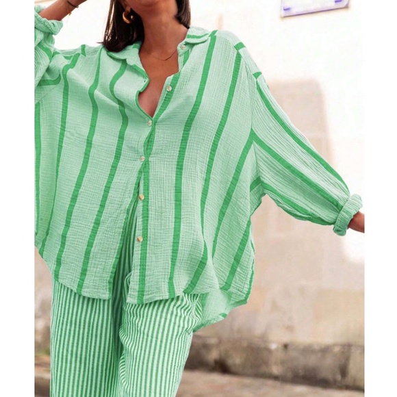 Green Striped Oversized Button Down Shirt Long Sleeve - Picture 1 of 8